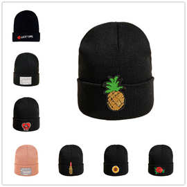 新款冬季针织帽菠萝水果刺绣LUGKY GIRL冷帽街舞嘻哈帽套头毛线帽