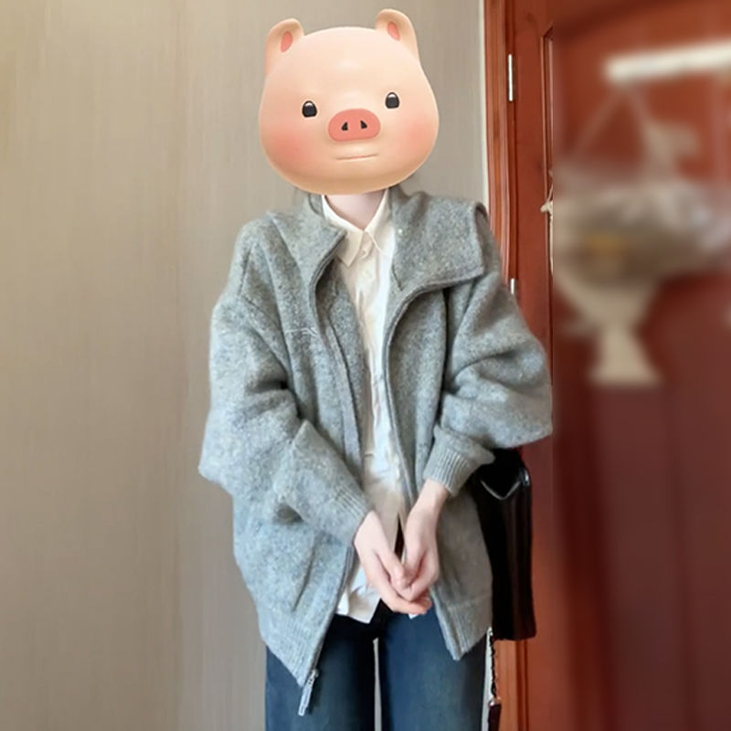 灰色复古连帽毛衣外套女春秋小个子慵懒风高级感加厚宽松针织开衫|undefined
