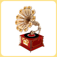 留声机木制3D立体拼图儿童拼装仿真乐器模型DIY活动材料地摊玩具