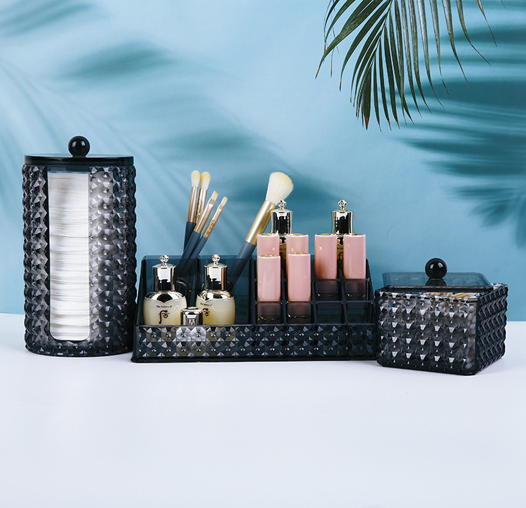 半透明化妆收纳盒 黑色钻石纹化妆品 口红架卸妆棉美妆组合收纳盒