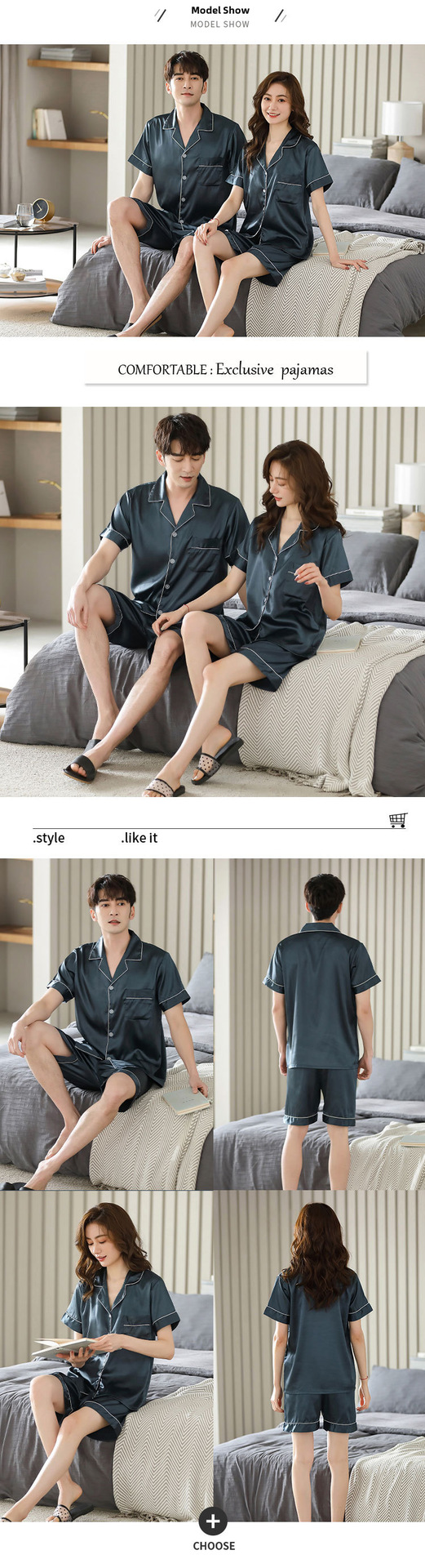 Han Yatong Summer Couple Pajamas Simulation Silk Short-sleeved Shorts Set Thin Men's and Women's Home Clothes 5075_voghion.com