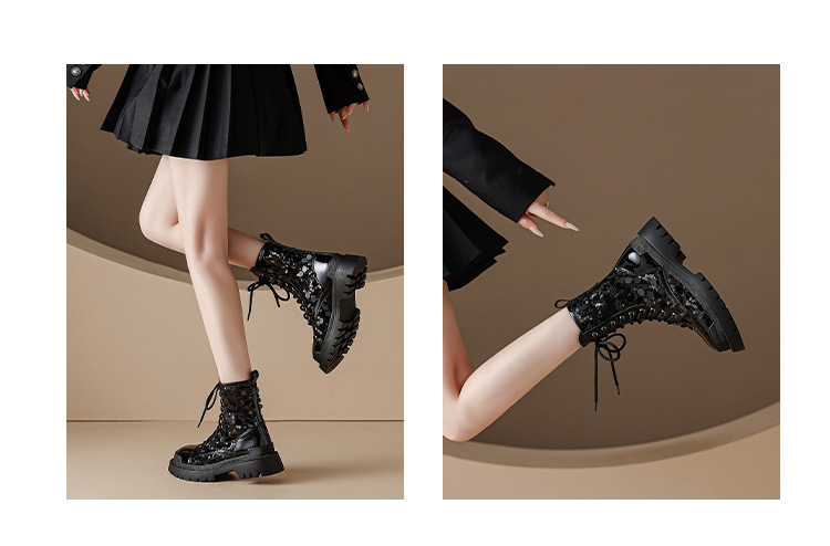 Boot nữ cổ thấp hở mũi dây buộc đế platform cao 5 cm màu bạc sequin — màu đen, bạc chi tiết 12
