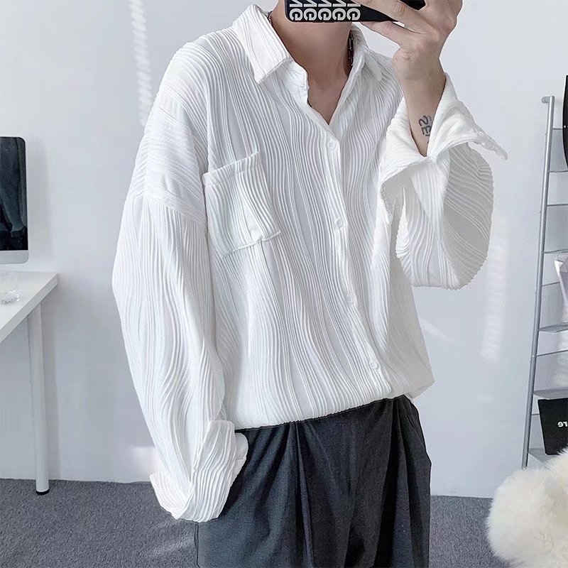 Pleated Ice Silk Shirt Men's Long-sleeved Summer Thin Trendy Brand Ins Hong Kong Style Casual Ruffian Handsome High-end Shirt Jacket