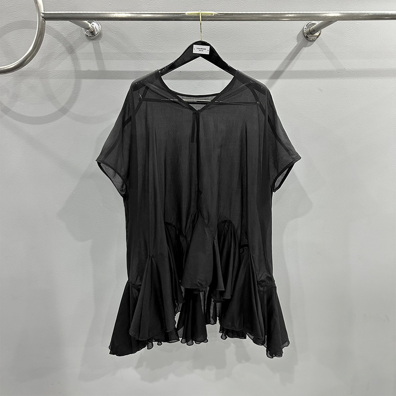 Dark Ro Style Irregular Pleated Ruffle Design Mid-Length Short-Sleeve Dress with Sheer Top