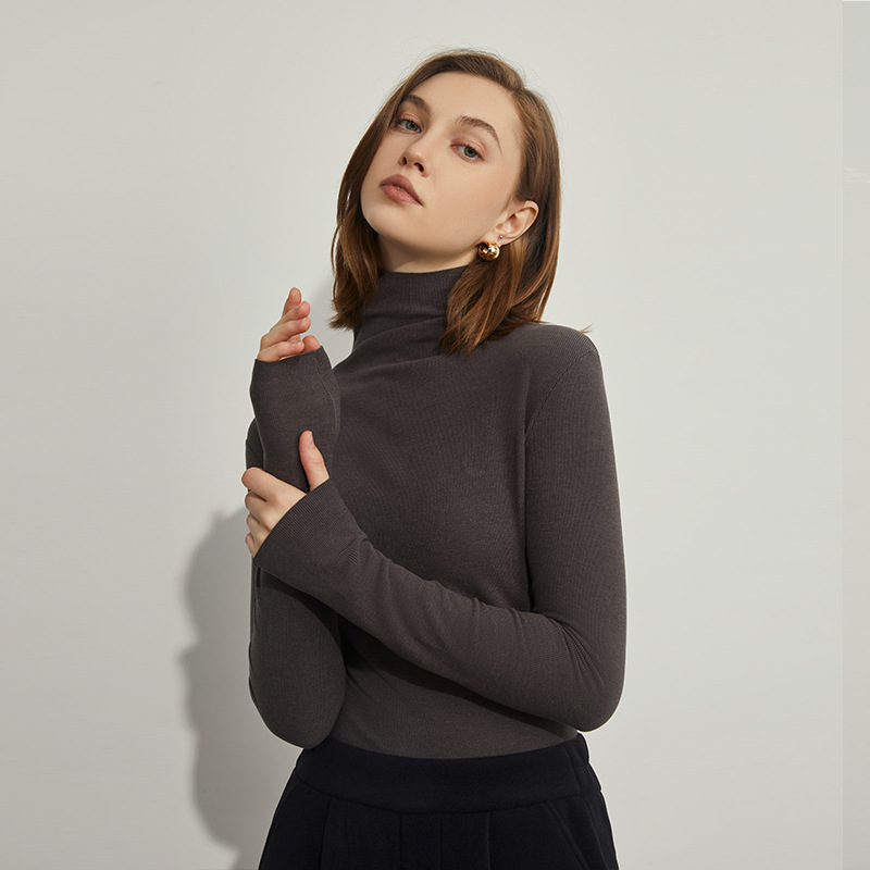 Camisa de fondo de terciopelo alemán otoño e invierno nuevo estilo ácido hialurónico belleza de la piel camisa de fondo de cuello alto sin costuras lijado tira vertical camiseta de manga larga mujer image 4
