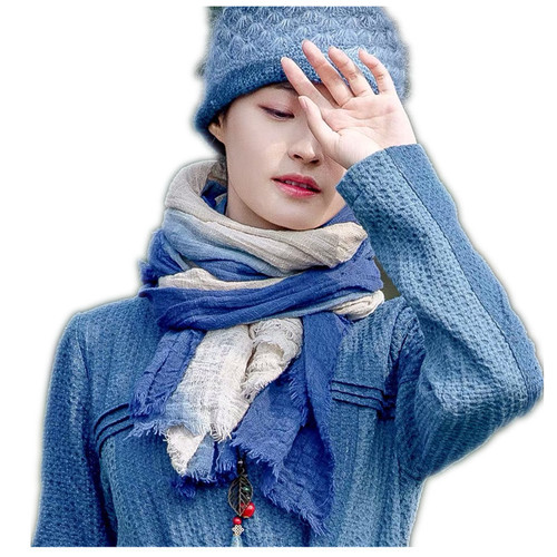 Cotton and linen scarves for women, new hanging-dyed contrasting color gradient stitching oversized scarf, retro literary style shawl, Mori series for women