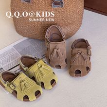 QQO童鞋 2025夏季新款儿童洋气流苏真皮镂空勃肯凉鞋男女童沙滩鞋