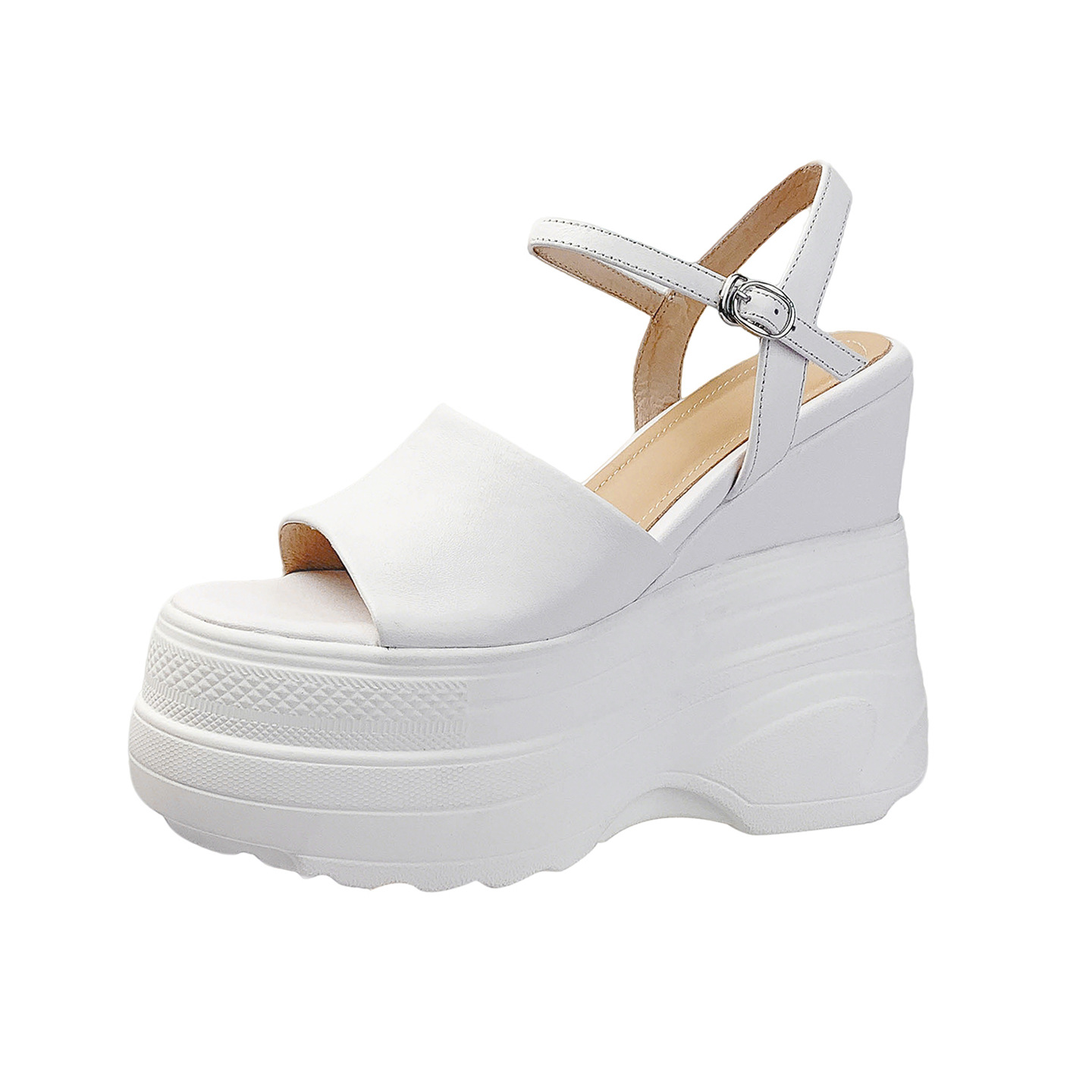 Sandal nữ đế dày da bò cao gót 14 cm phong cách La Mã — màu đen, màu trắng, màu mơ