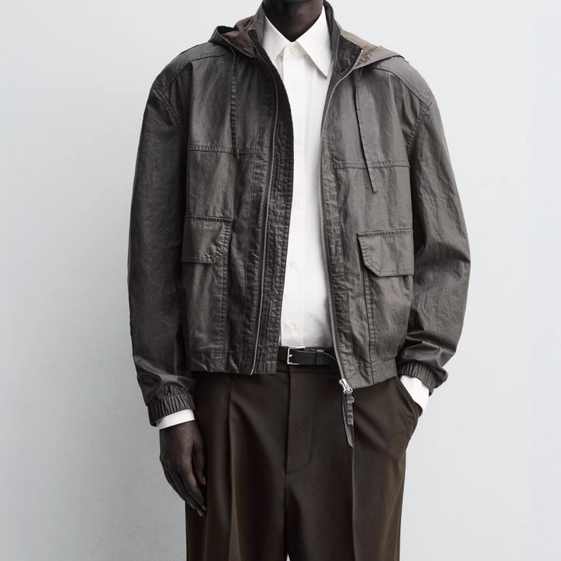 Original European and American Men's Clothing Wholesale Brown Waxed Cotton-Linen Blend Jacket Loose Fit Thin Coat 5854/405