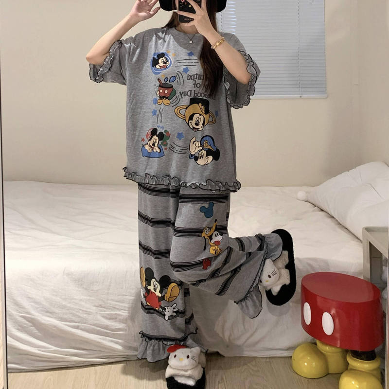 【现货】米奇木耳边短袖睡衣女款夏季宽松慵懒条纹长裤家居服套装|undefined
