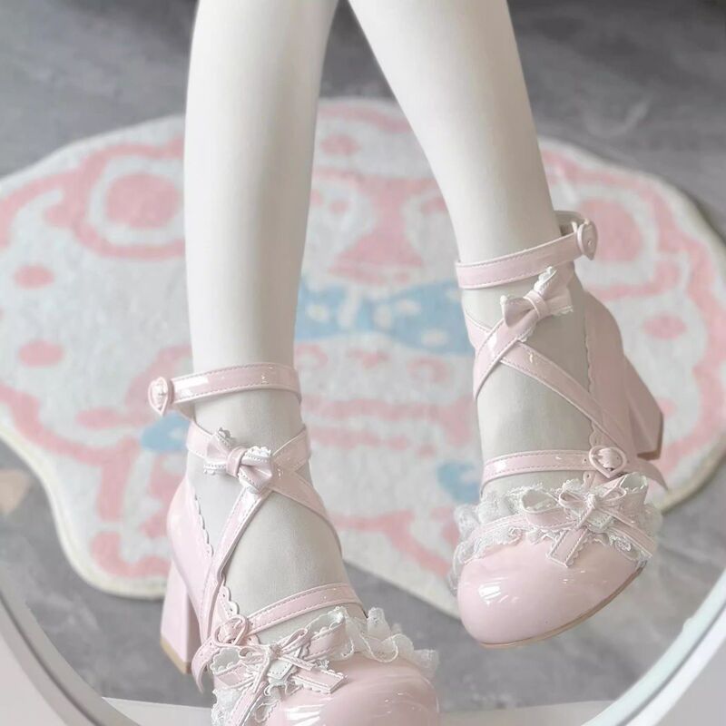 Versatile Cute Little Leather Shoes with Bowknot Ballet Round-Toe High Heels Lolita Little Leather Shoes Jk Princess Mary Jane Leather Shoes