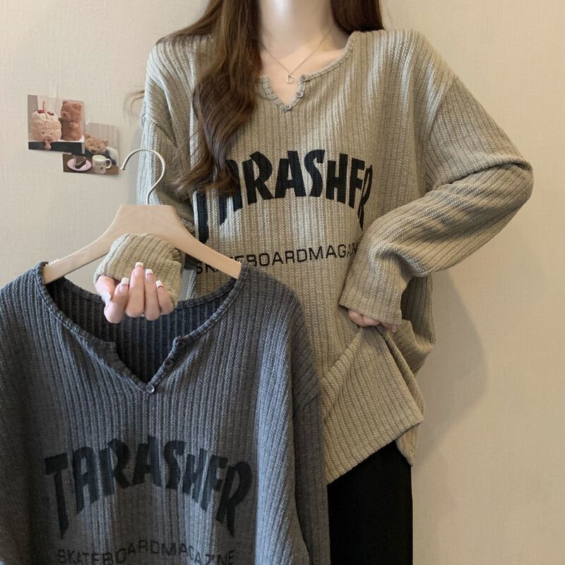 坑条螺纹长袖T恤打底衫女春秋冬季新款宽松显瘦大码中长款上衣女|undefined
