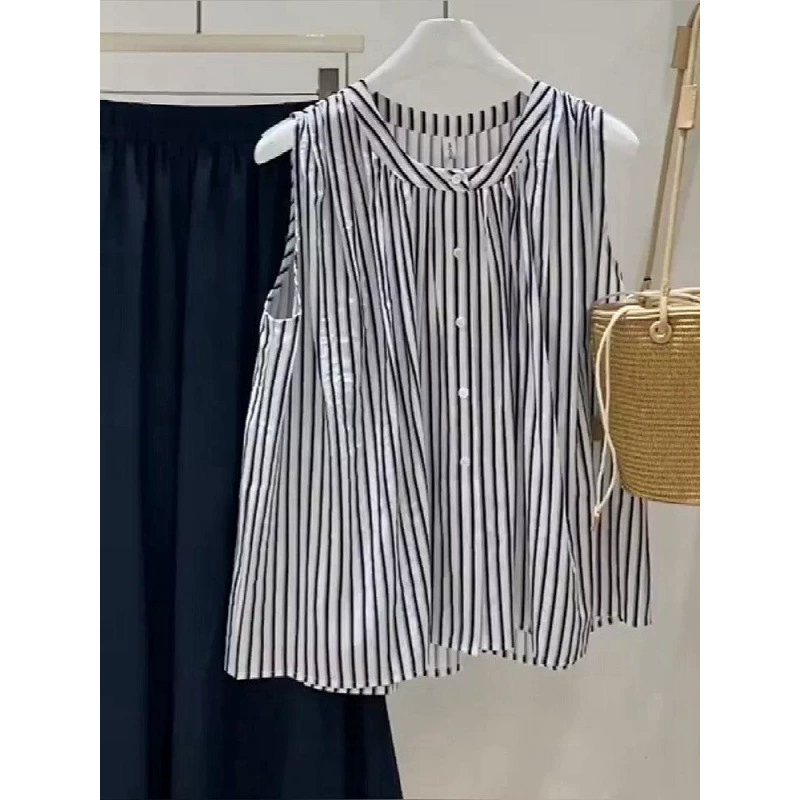 Ретро литературный стиль черно-белая вертикальная полоска без рукавов шифоновая рубашка жилет женский новый стиль летняя рубашка праздничный стиль топ