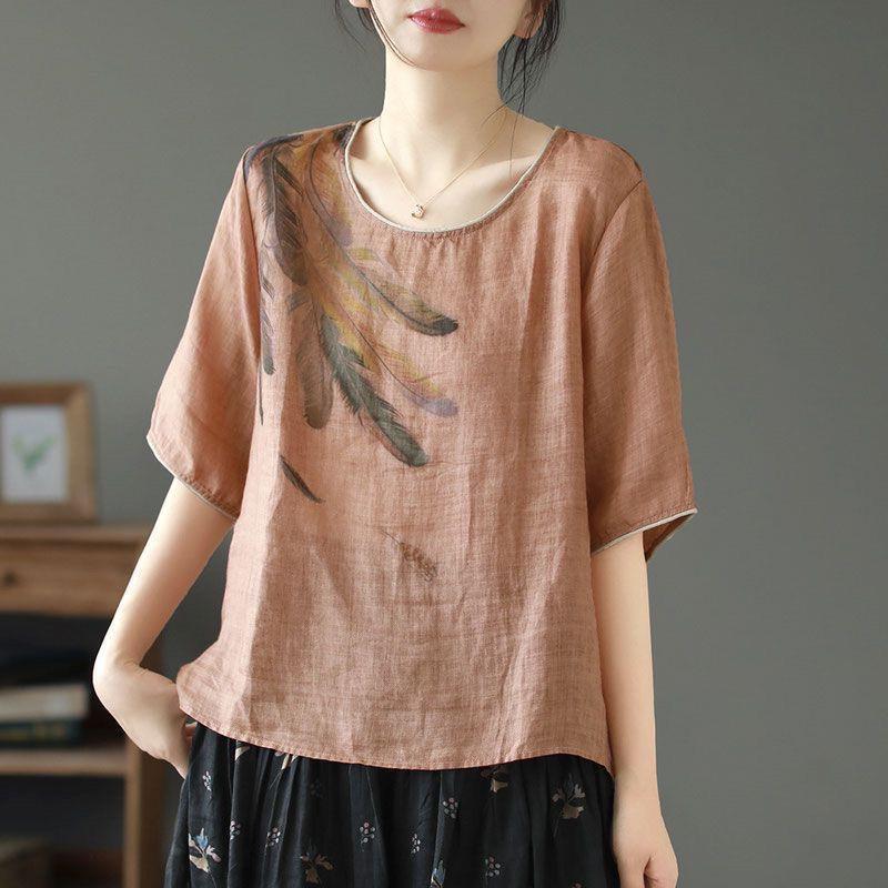 Cotton Linen Summer New Vintage Artistic Printed Loose Elegant Loose Slim Thin Shirt Women's Top
