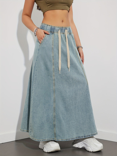 Denim elastic waist drawstring denim skirt women's new retro high-waist slimming loose denim skirt