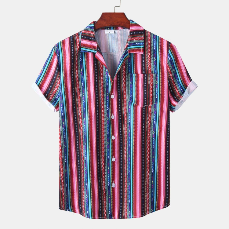 2022 Новые Гавайские пляжные креветки волны кубинский воротник ледяной шелк Цветочная рубашка с короткими рукавами и цифровой печатью в этнические полосы