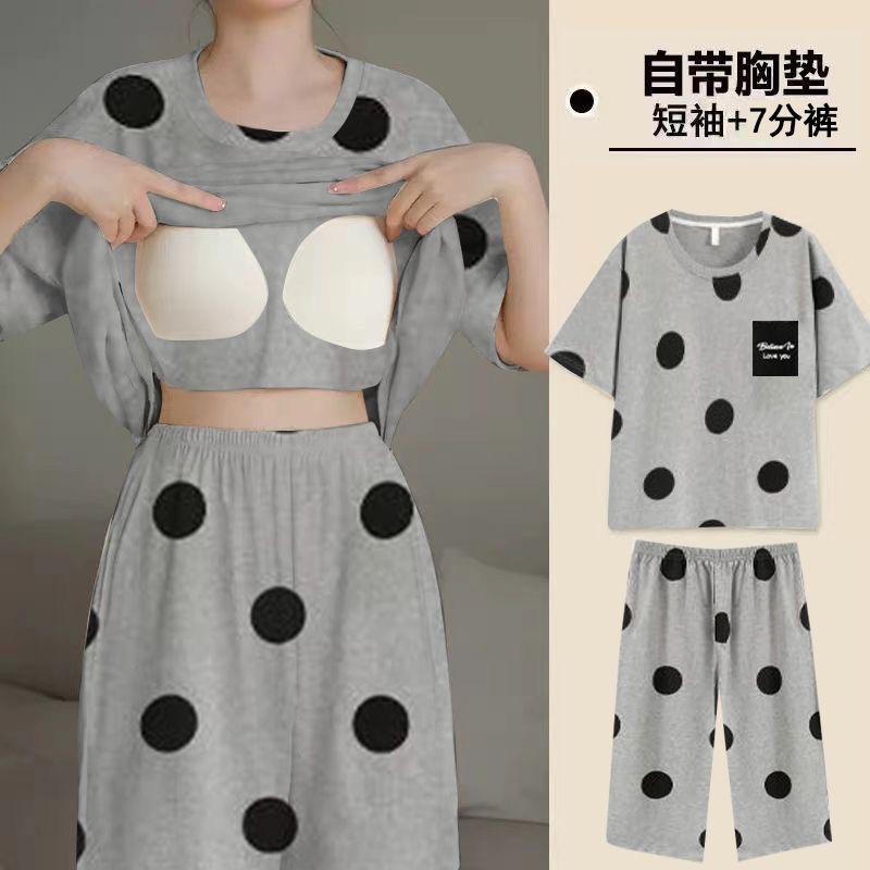 Pajamas Women's Summer Thin New Style Bra-free One-piece Short-sleeved Cropped Pants with Chest Pad for Women's Outer Wear