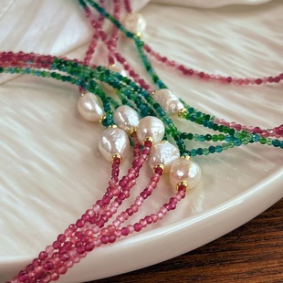 New Chinese Artificial Crystal Emerald Ruby Natural Baroque Freshwater Pearl Clavicle Chain Necklace Chain
