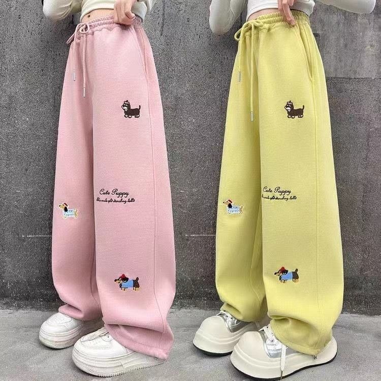 女童休闲裤子春秋季2025新款刺绣卫裤洋气时髦两穿女大童阔腿长裤|undefined