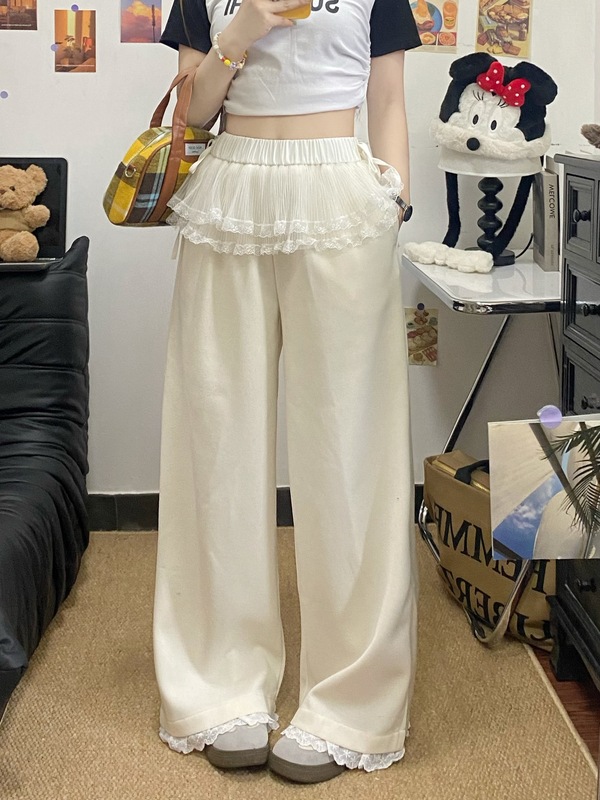 工場直接の甘いレースのスカートフェイクツーピースワイドレッグパンツ女性のための春と夏のルーズストレートカジュアルパンツ|undefined