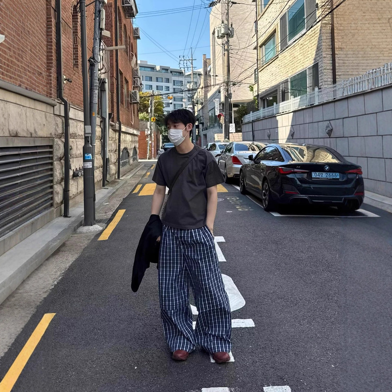 Korean-Style Plaid Loose Wide-Leg Multi-Button Mid-Low Waist Casual Pants Unisex Relaxed Lazy Long Pants Cross-Border