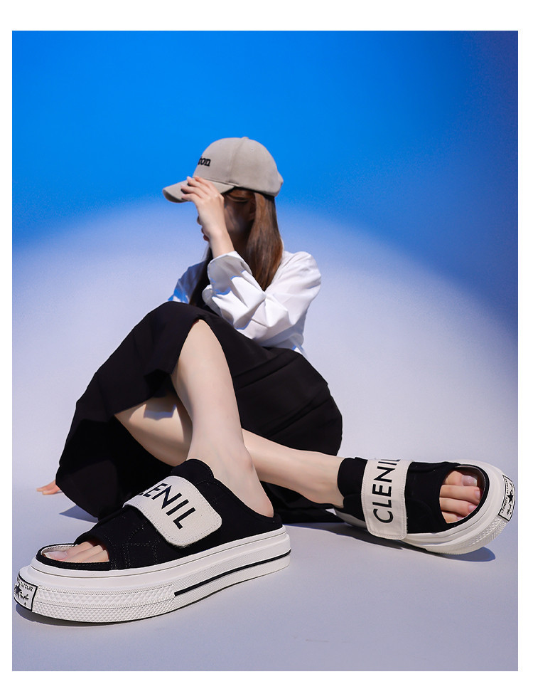 Canvas Slippers For Women Summer Flat Sandals With Velcro Strap_voghion.com