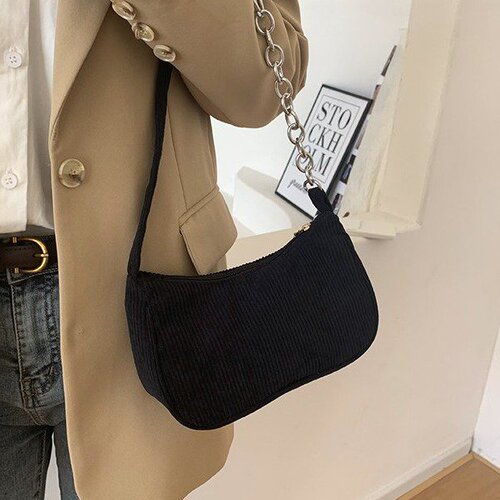 2024 autumn and winter new style portable small square bag plush shoulder fashion retro corduroy armpit baguette bag handbag
