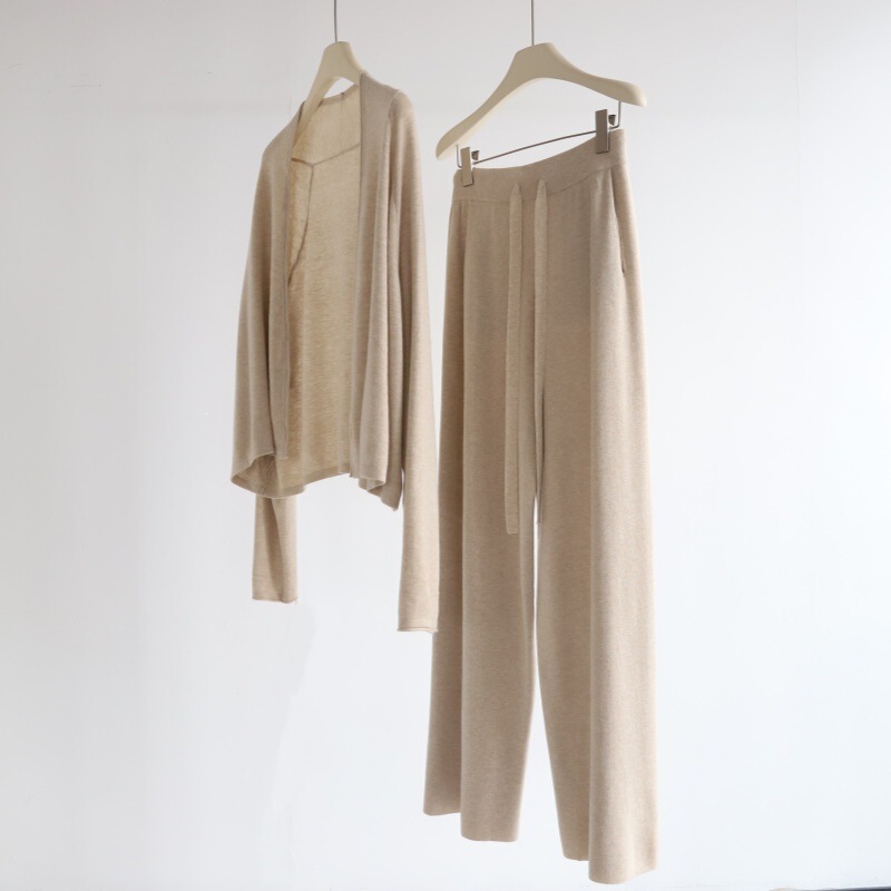Wool Blend Short Buttonless Long-Sleeved Cardigan + Drawstring Wide-Leg Trousers Two-Piece Set for Women, High-Intelligence Style Workwear