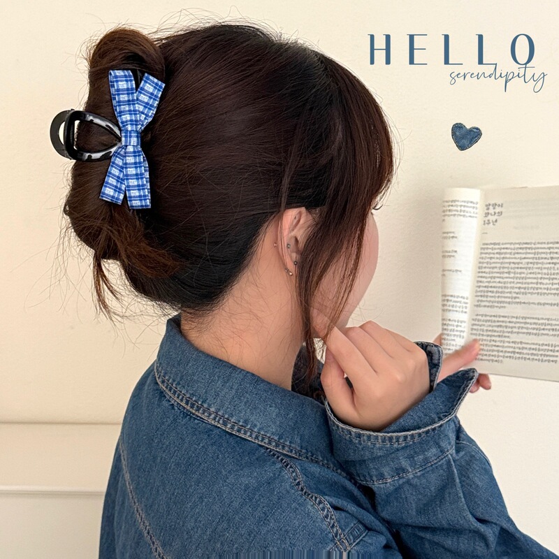 ブルーのレトロなデニムリボンクリップチェック柄ヘアアクセサリー女の子多用途ヘアクリップ後頭部シャーククリップ|undefined
