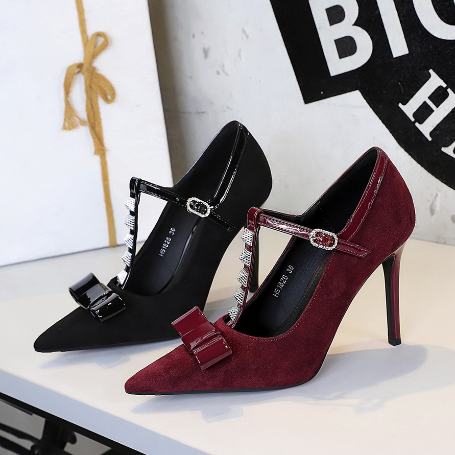 1826-H83 European And American Style Banquet Bowknot Studded Pointed High-heeled Shoes, Suede T-strap Sexy Women's Shoes_voghion.com
