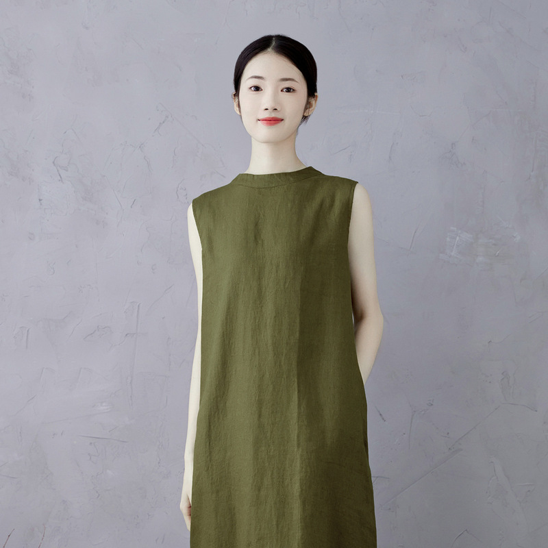 Autumn-Colored Linen Dress Brand Tank Dress Sleeveless Half-High Collar Artistic Outerwear Inner Wear Vintage Versatile Women's Dress Autumn-Colored Linen Dress Brand Tank Dress Sleeveless Half-High Collar Artistic Outerwear Inner Wear Vintage Versatile Women's Dress