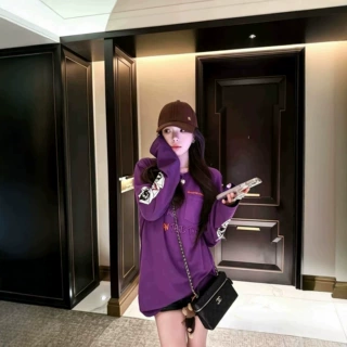 高品质~涂鸦印花克罗伈新款紫色长袖棉圆领潮牌美式T恤男女同款