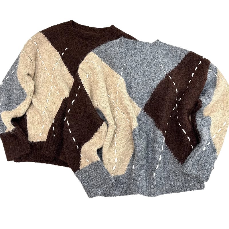 2025 秋冬新韓国レトロ菱形セーター女性のメイラード明線デザインプルオーバー V ネックニットトップ