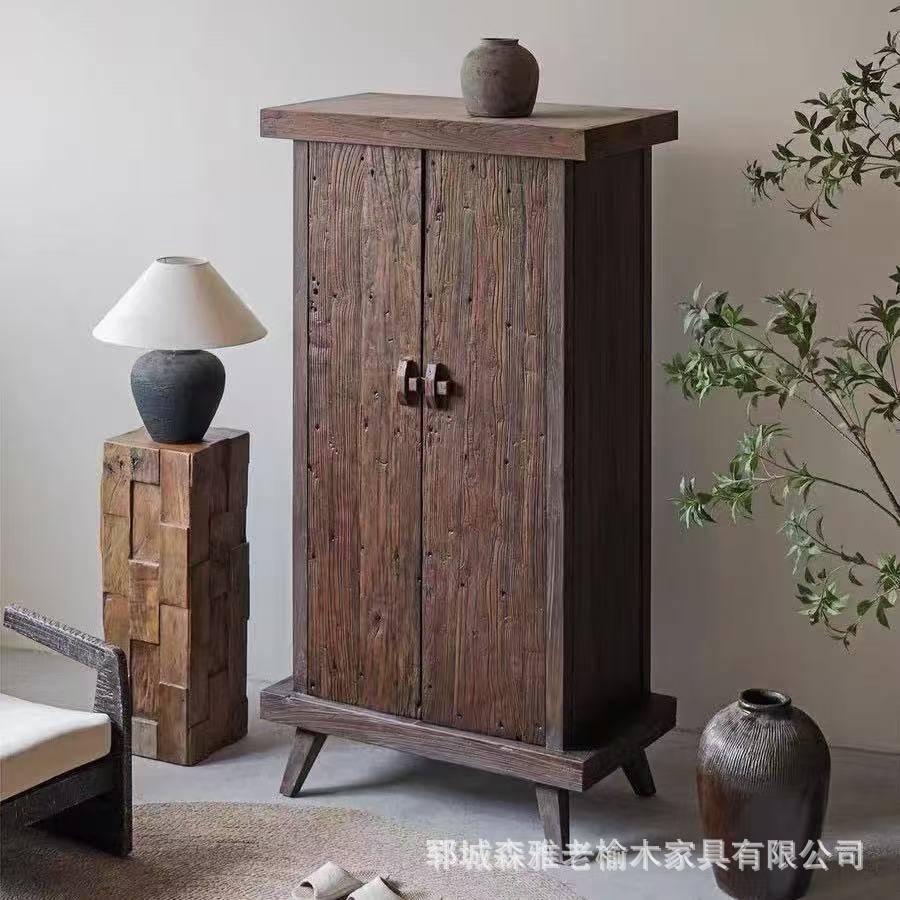 Simple Old Elm Wardrobe Wabi-Sabi Style Home Bedroom B&B Hotel Storage Cabinet Solid Wood Entrance Cabinet Small Cabinet