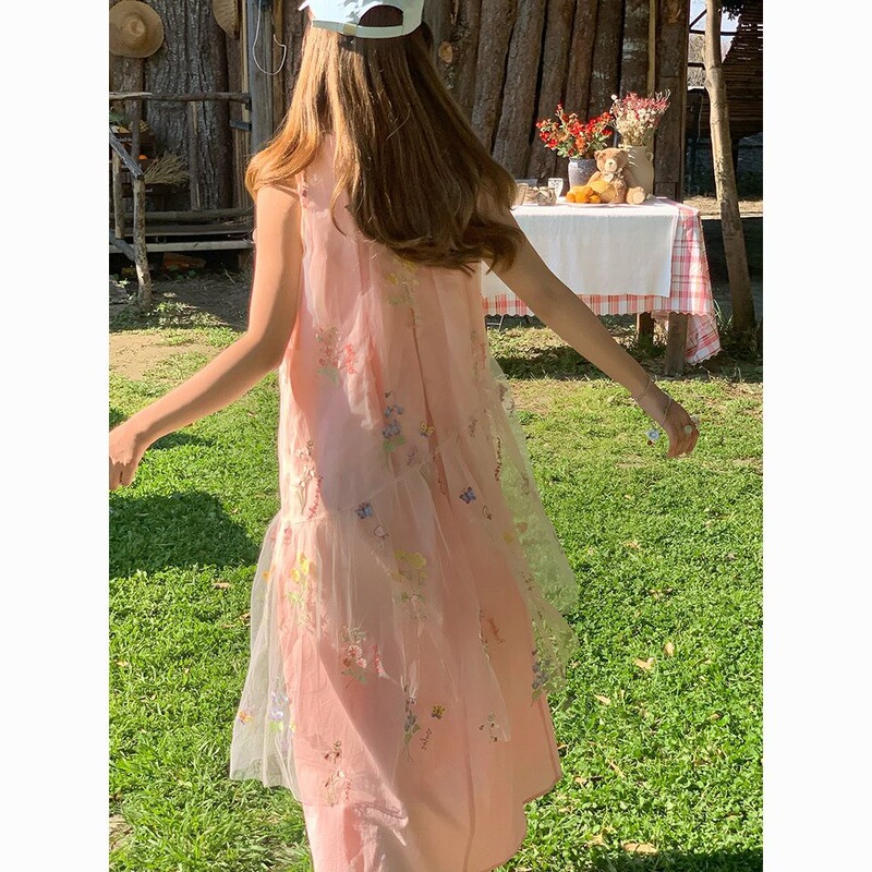 Casual Fashion Outer Tops for Women, Mesh Embroidered Sleeveless Dresses for Women, Summer Loose Layered Overskirts and Vest Dresses