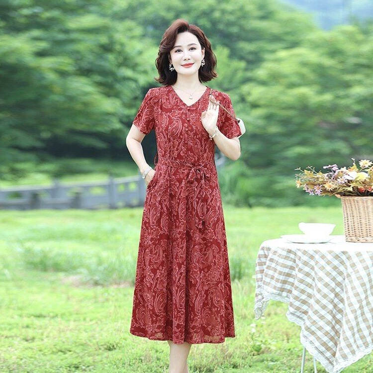 V Neck Waist Floral Dress 40 and 50 Years Old Middle-Aged and Elderly Mothers Summer Short-Sleeved Women's Summer Mid-Length Skirt