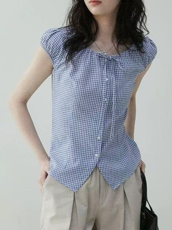 "Mustard Pie Vooe" French Retro Contrast Plaid Drawstring Shirt Women's New Summer Age-Reducing Short-Sleeved Top