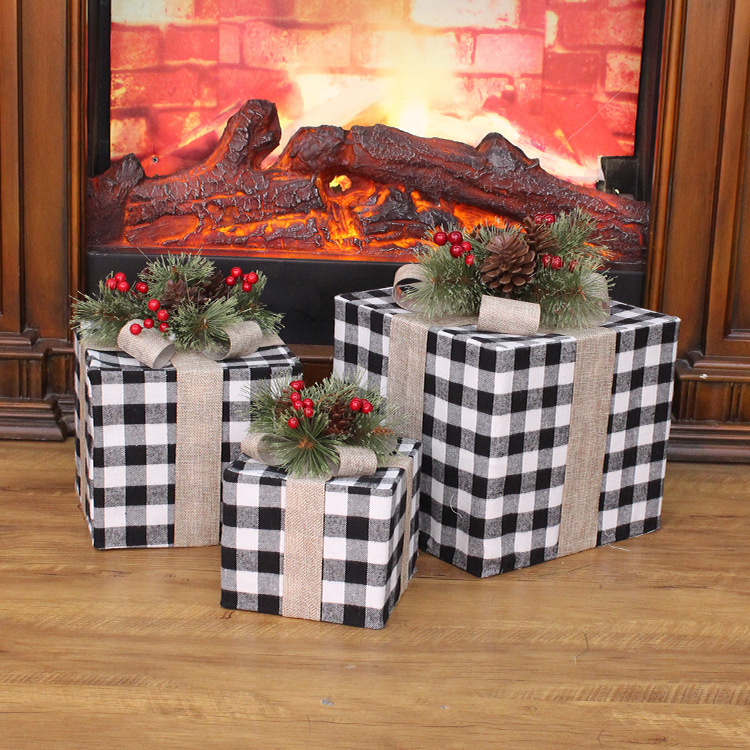 Caja de regalo de Navidad de tres piezas Bolsa de regalo de hierro de Navidad Accesorios de decoración de escena navideña Decoraciones navideñas debajo de los adornos del árbol