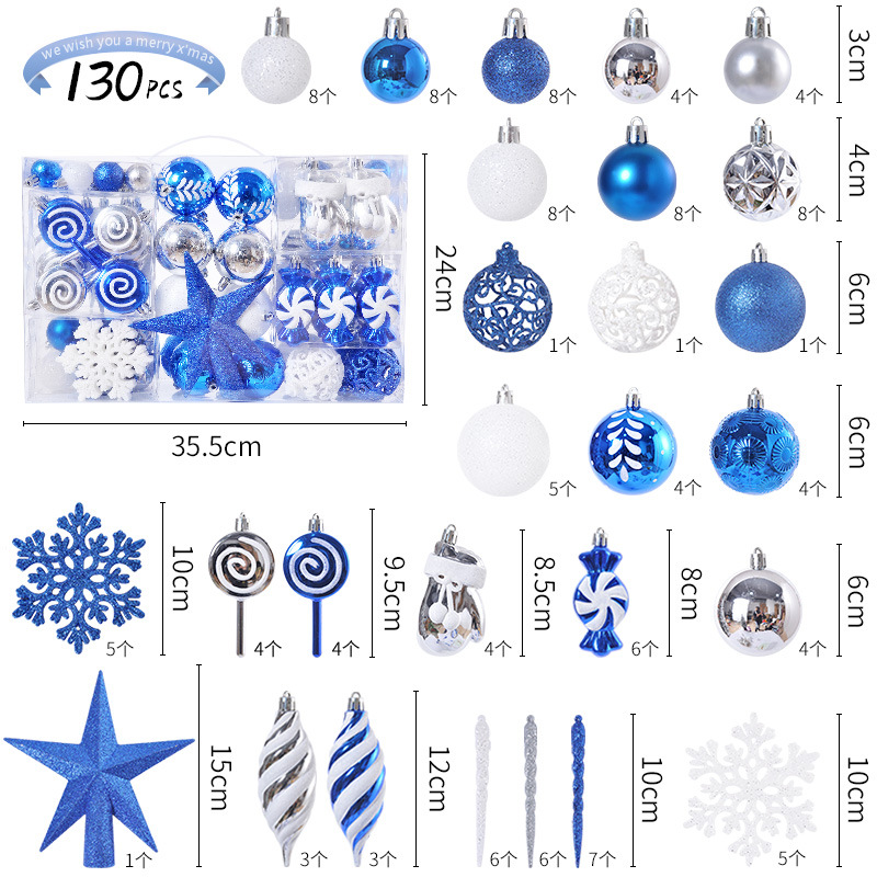 Cross-border Christmas Hanging 130 Set Ball Christmas Tree Electroplated Plastic Ball Painted Decoration Tree Top Star Christmas Ball