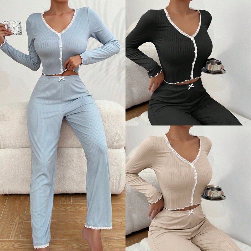 Cross-Border Foreign Trade Slim-Fit Long-Sleeve Long-Pants Loungewear Pajamas for Women, Summer Sexy Ribbed Two-Piece Set, Can Be Worn Outside, Wholesale Cross-Border Foreign Trade Slim-Fit Long-Sleeve Long-Pants Loungewear Pajamas for Women, Summer Sexy Ribbed Two-Piece Set, Can Be Worn Outside, Wholesale