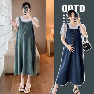 Pregnant Women's Strap Skirt Summer 2024 New Age-reducing Lazy Style suit Shirt Denim dress Summer High-end Sense