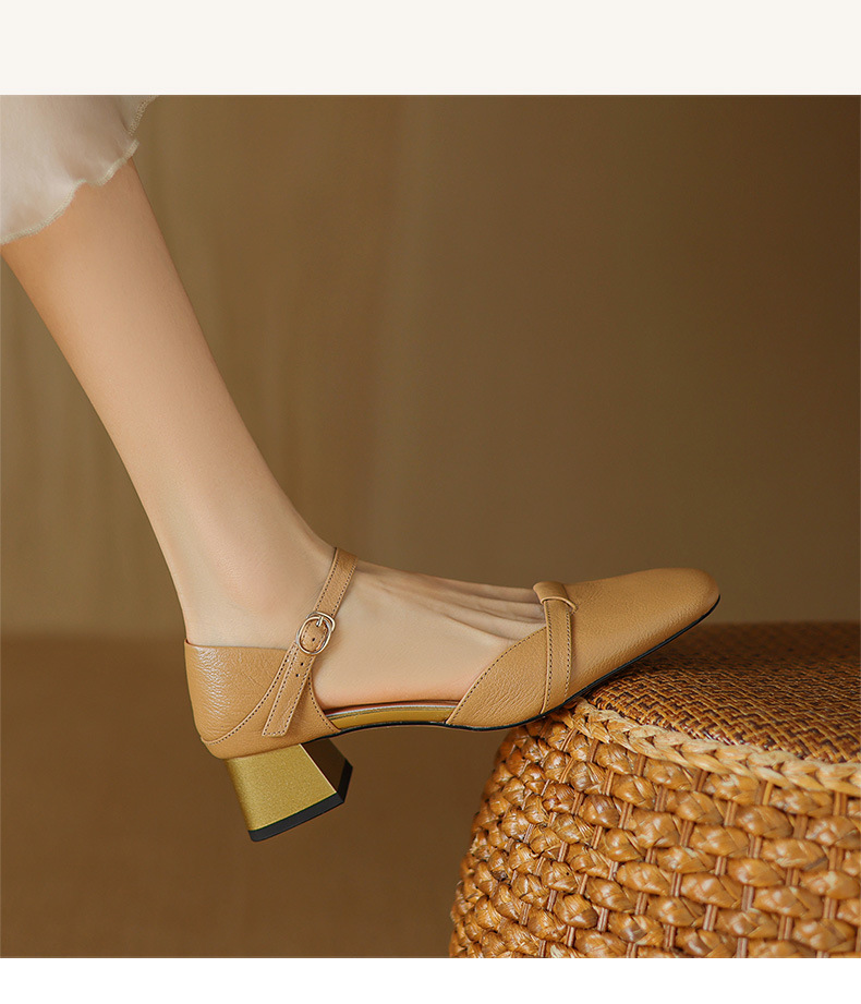 Sandal nữ bít mũi da bò thật quai chữ V đế thấp — Màu caramel chi tiết 12