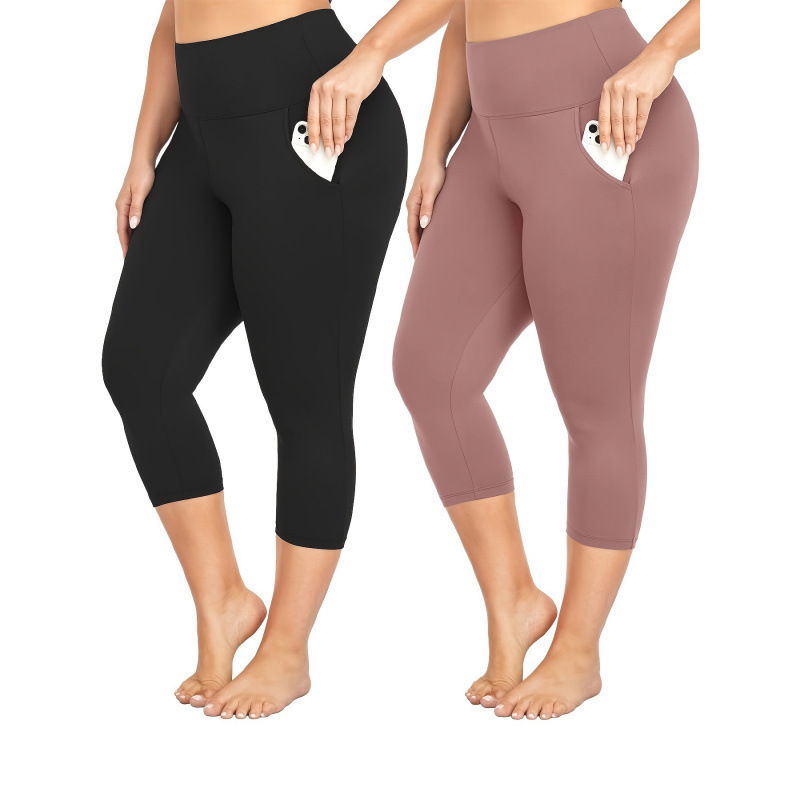 2025 New Cross-Border European and American Style High-Waisted Plus-Size Capri Leggings with Two Pockets