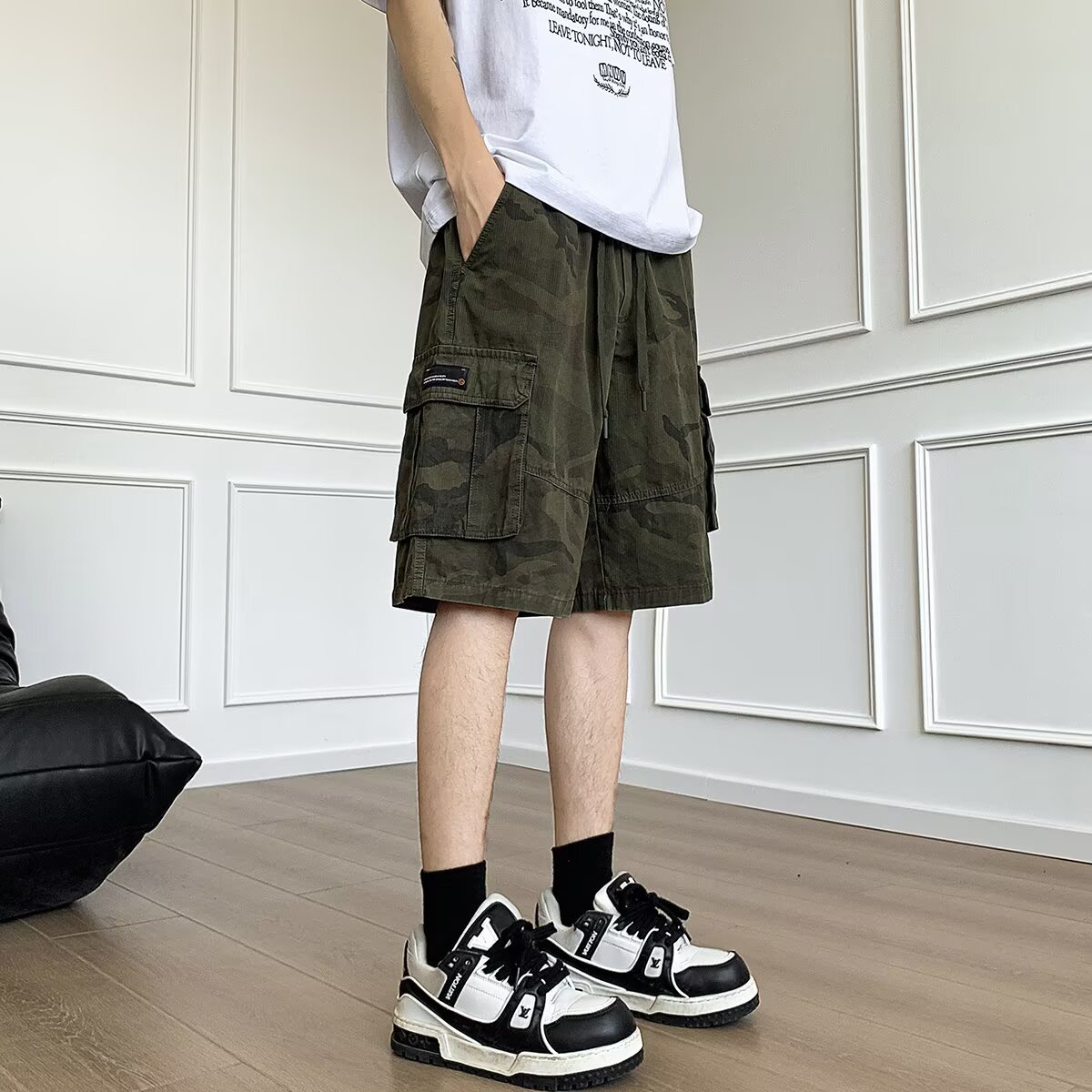 Summer Large Pocket Camouflage Cargo Pants Men American Retro Loose Casual Versatile Youth Pure Cotton Knee-Length Shorts
