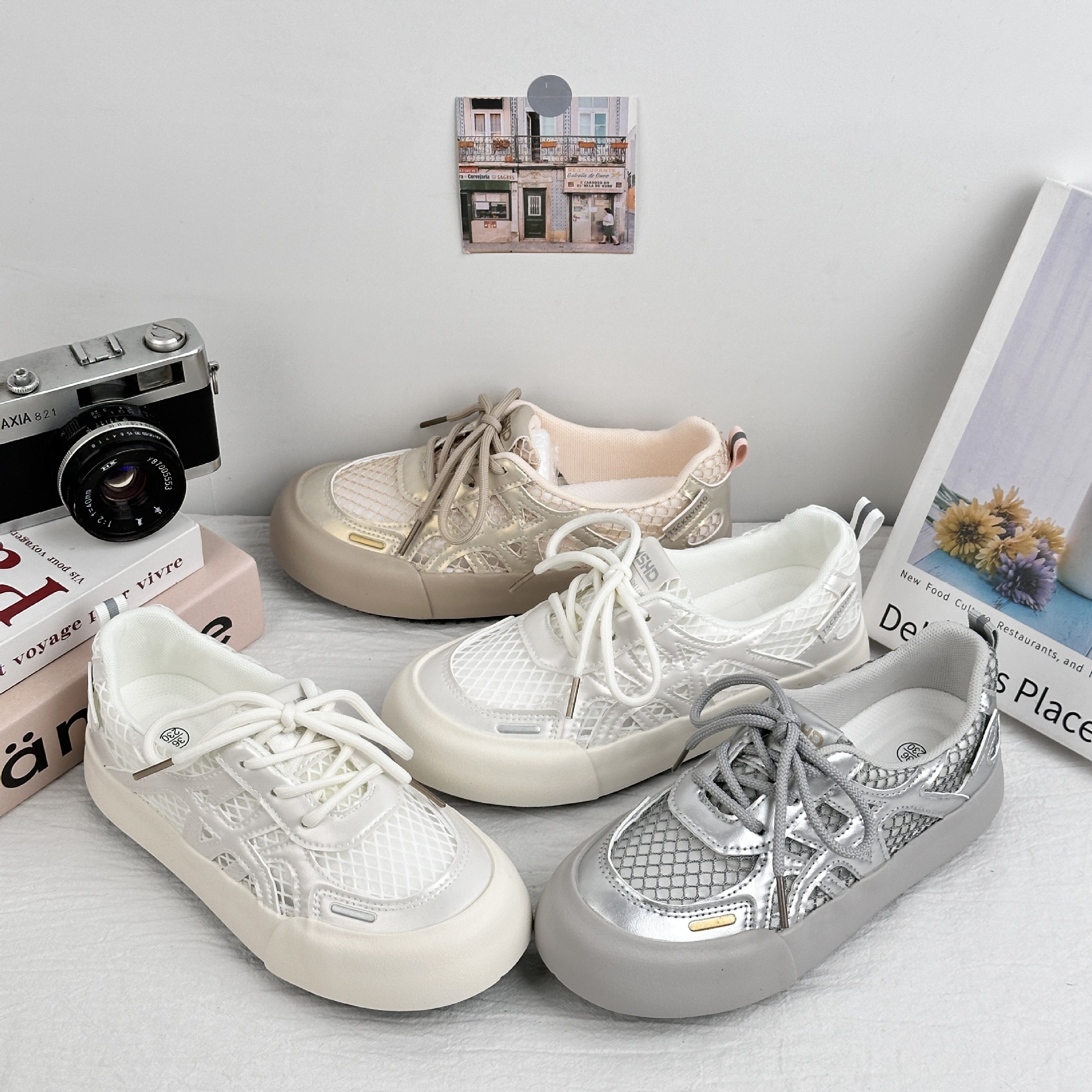 6664 zapatillas de deporte de pescador de suela gruesa de malla para mujer transpirable 2025 nuevos zapatos de red de nicho zapatos blancos casuales explosivos de entrenamiento alemán