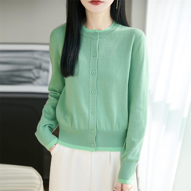 Korean-Style Color-Blocking 48-Count Fine-Spun Wool Knit Cardigan Spring/Summer Sweater Coat Versatile Round-Neck Top Women's Clothing