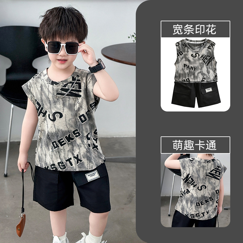 7853 Traje de verano para niños 2025 Nuevo chaleco sin mangas para niños fresco y guapo Traje de dos piezas Ropa de verano para bebés Trendy