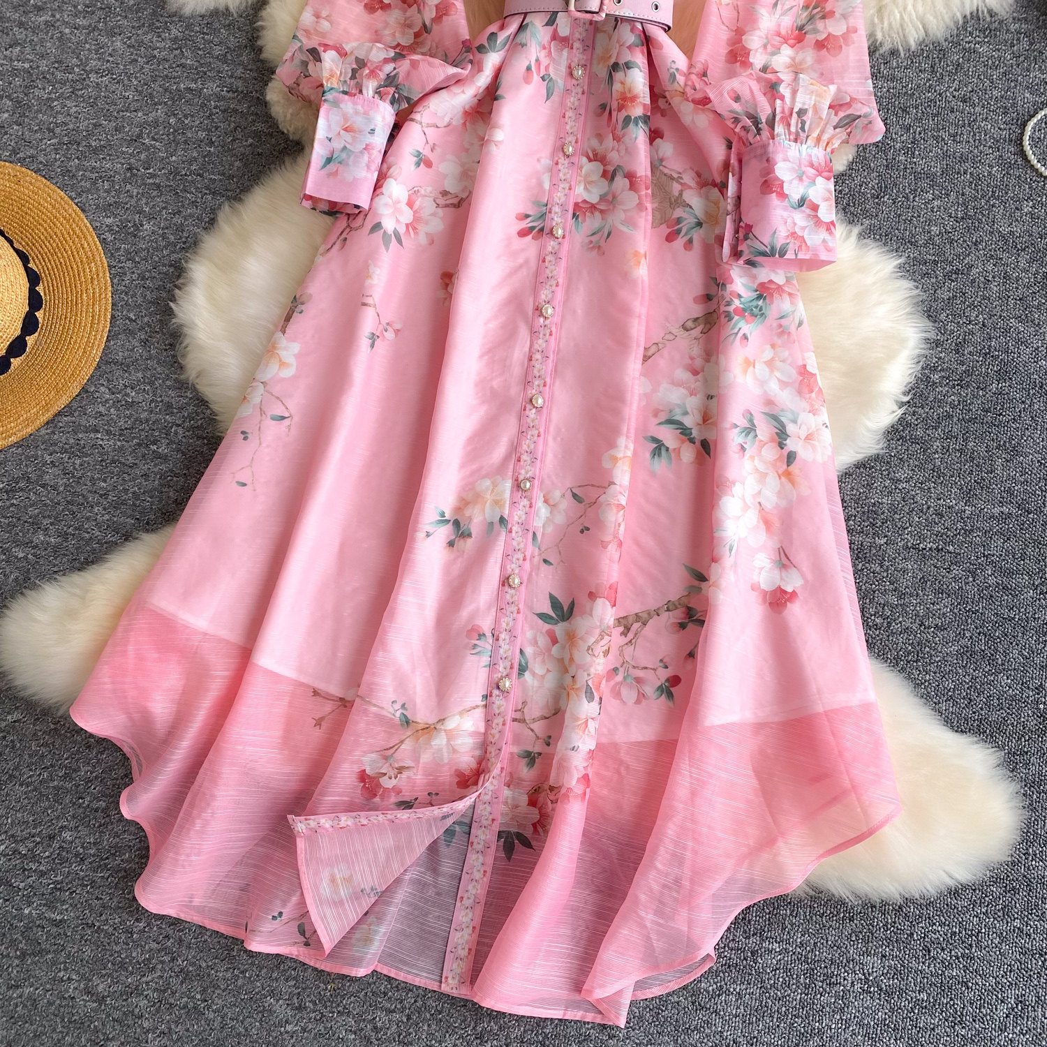 Women's French Style Printed Dress Fitted Openwork Long Sleeves Lapel Collar Tie Waist A-Line Long Skirt for Commuting_ecoleips.com