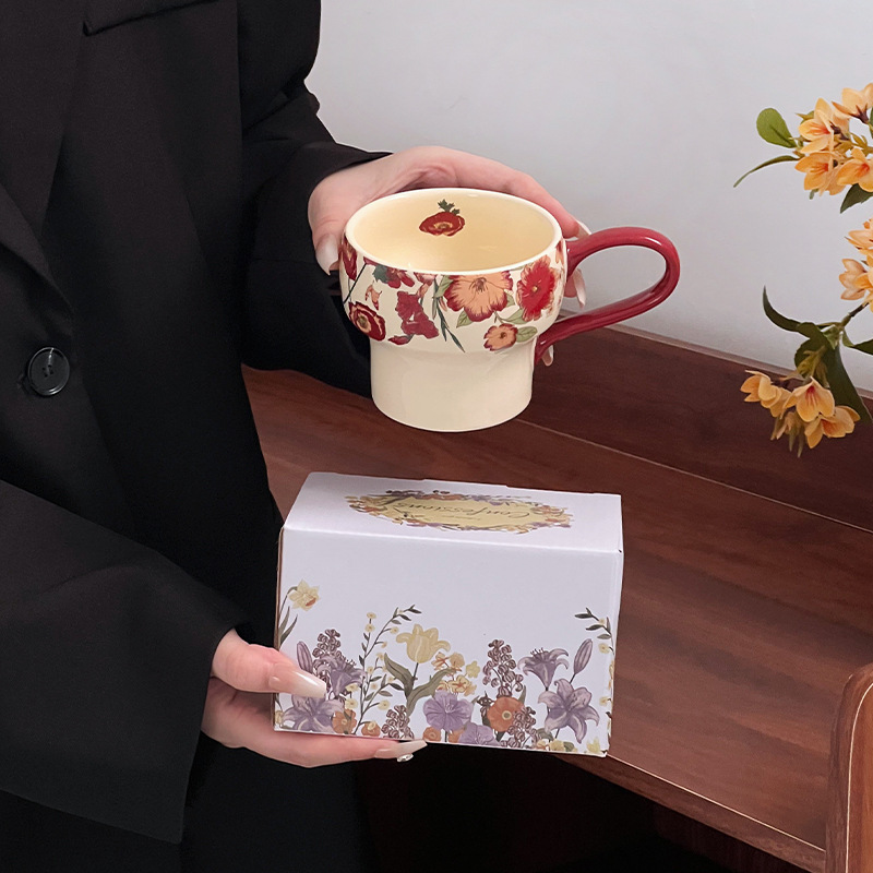 Taza de cerámica de flores taza de desayuno de avena tazón de calentamiento de leche flor brocade taza de café plato tazón