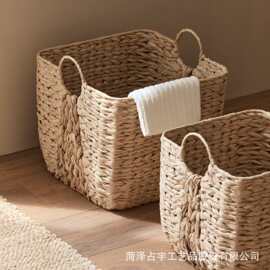跨境手工编织水葫芦草收纳筐家用浴室脏衣篓纸巾收纳篮手提零食筐